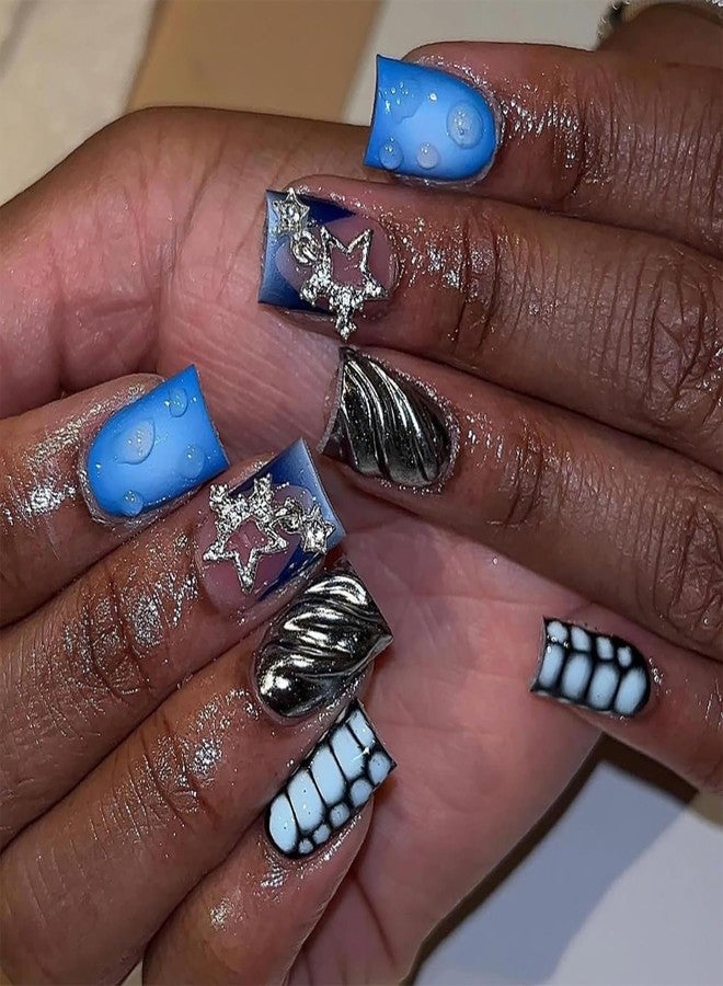CJDLTS 3D Press On Nails - Short Square Metal Stars Chain Design False Nails - Full Cover Blue Smudge Artificial Acrylic Coffin Nails - Reusable Glue On DIY Stick On Nails for Women - 24 Pcs - Image 1